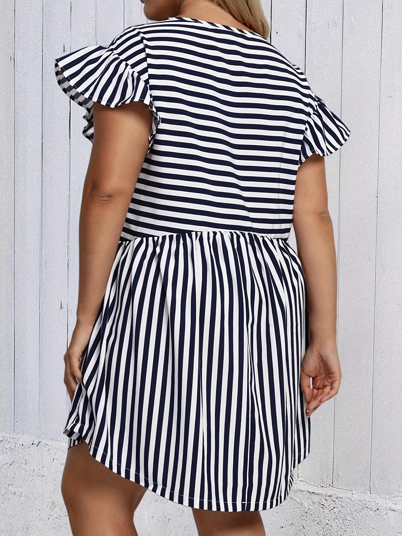  Stripe Print Ruffle Trim Mini Dress
