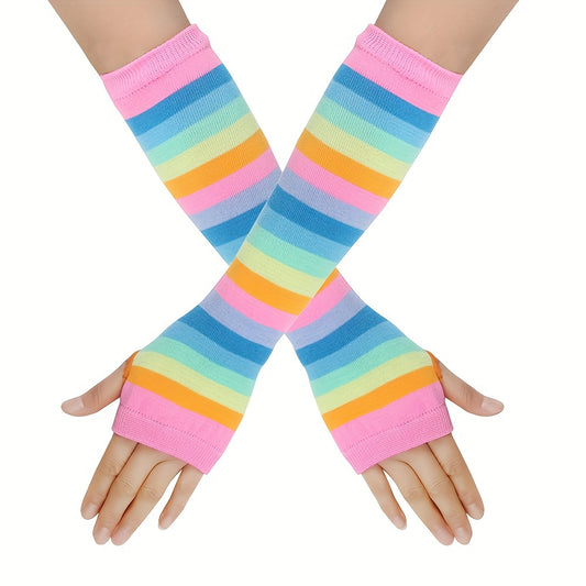 Rainbow Knitted Fingerless Gloves for Winter Outdoor Activities