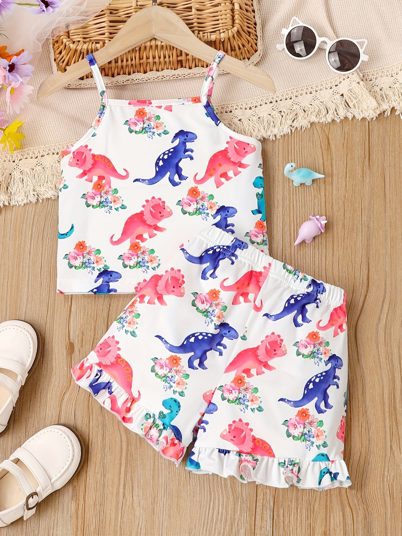 Girl's Dino Print Tank Top & Frilled Shorts Set