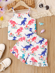 Girl's Dino Print Tank Top & Frilled Shorts Set