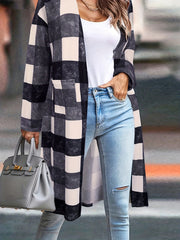 Plaid Print Pocket Open Front Coat Long Sleeve Outerwear