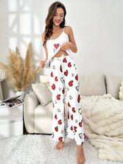 Heart Print Pajama Set Crew Neck Cami Top & Pants