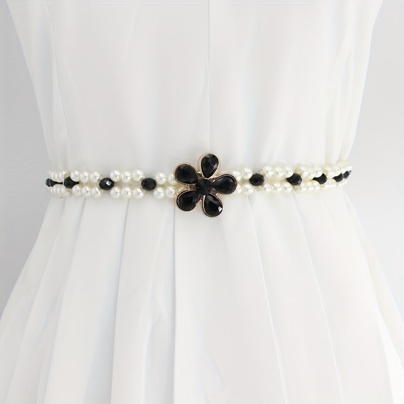 Faux Pearl Girdle Elastic Waistband Women Dress Belt