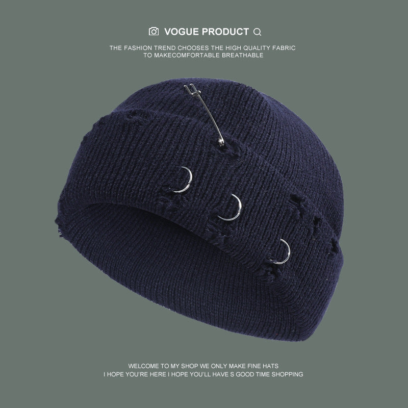 Iron Ring Pin Hole Knitted Wool Cap