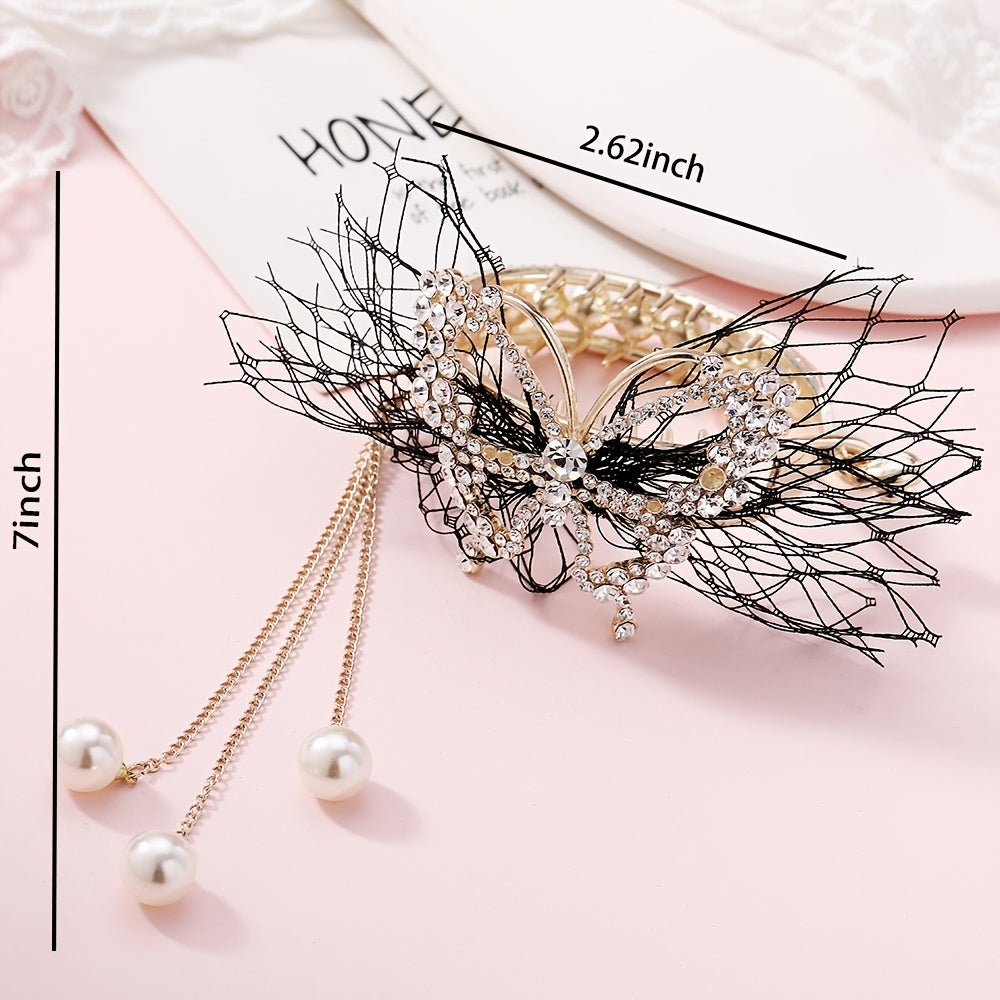 Copper Alloy Round Hair Claw Clip Tassel Faux Pearl Accessory