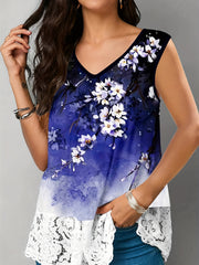  Floral Print Lace Trim Tank Top