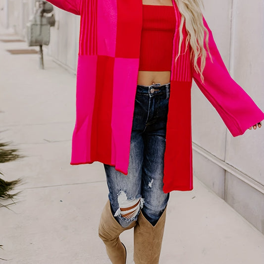  Colorblock Long Sleeve Open Front Cardigan