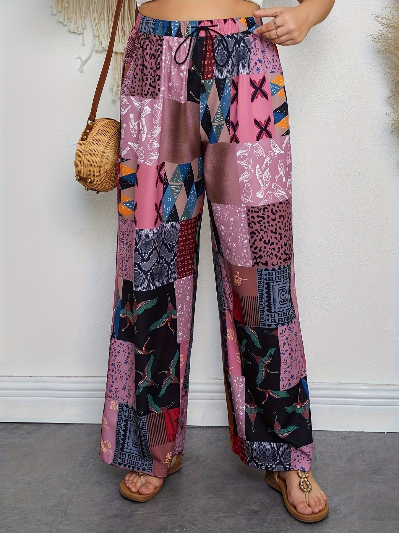  Boho Pants Women's Elastic Drawstring Wide Leg Trousers