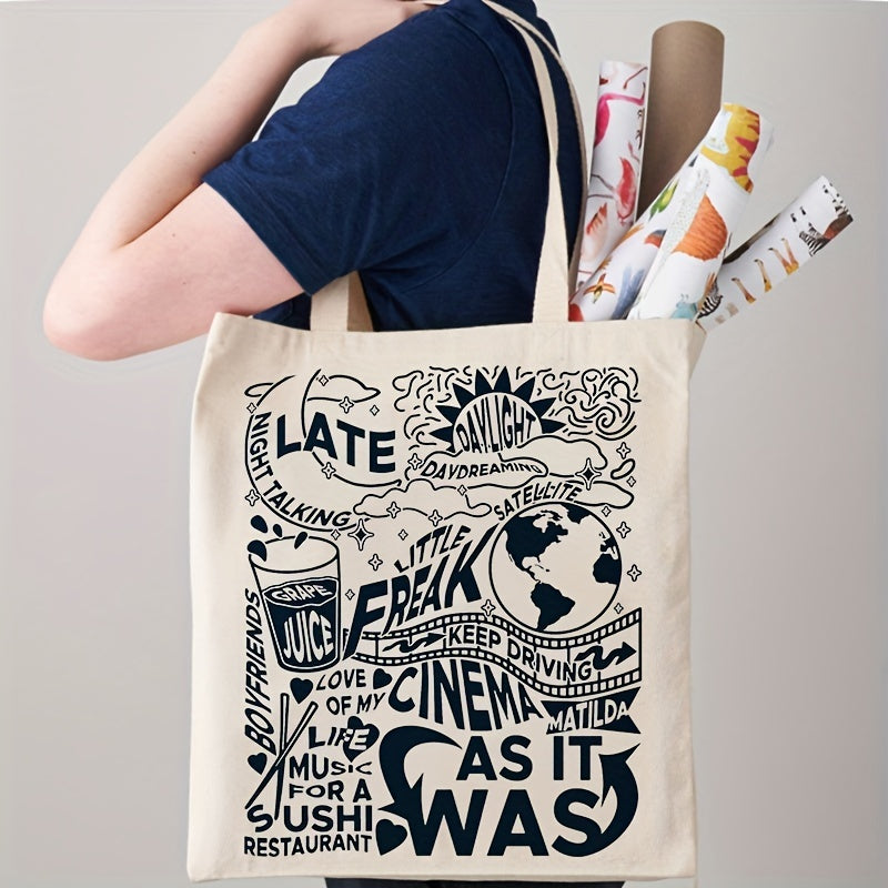 Letter Print Canvas Shopping Bag Lightweight Portable Square Shoulder Bag