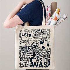 Letter Print Canvas Shopping Bag Lightweight Portable Square Shoulder Bag