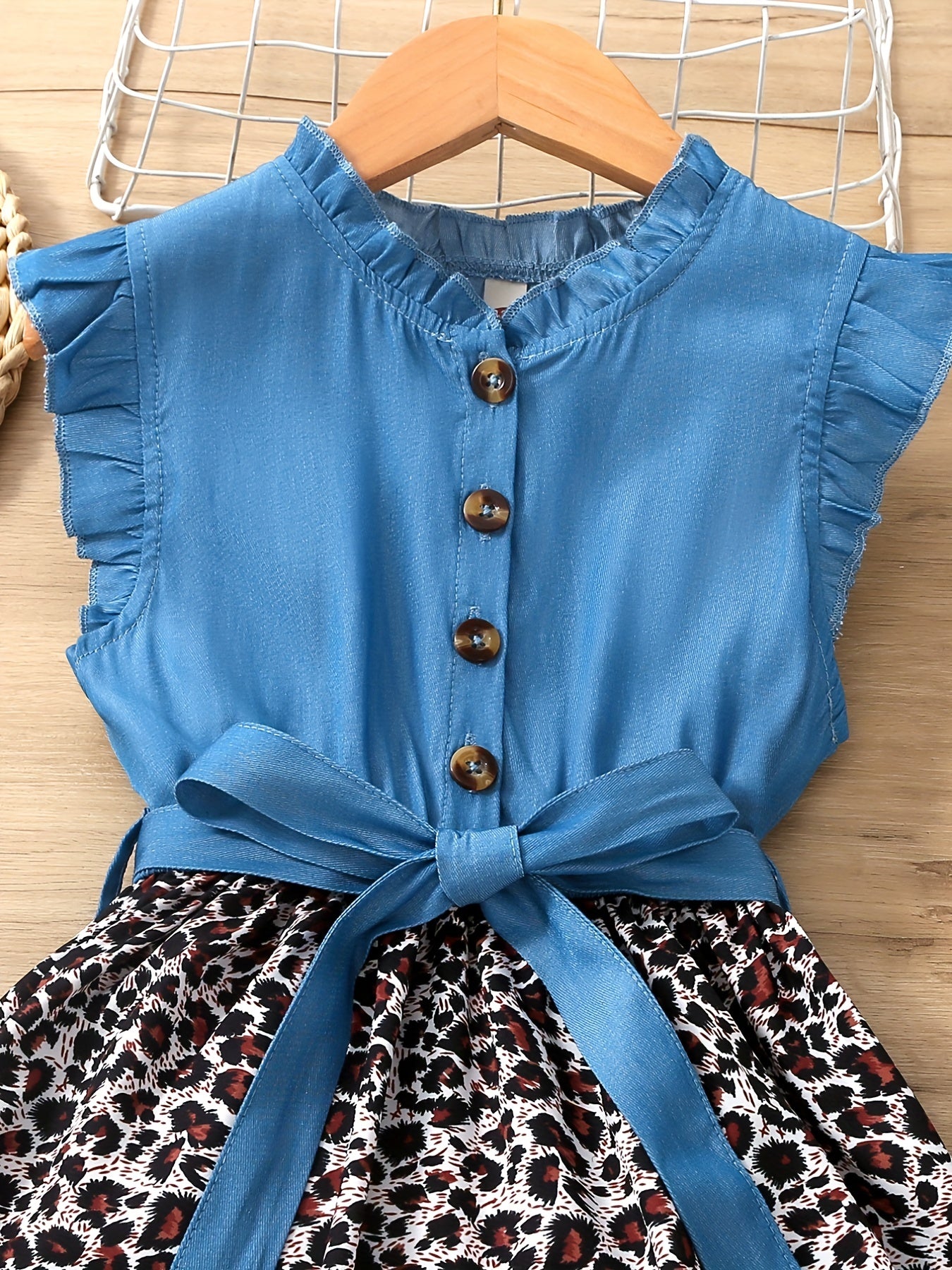 Girls Sleeveless Ruffle Denim Leopard Print Princess Dress