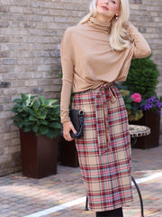 Women's Plus Plaid Print Stretch Slim Fit Midi Skirt With Belt