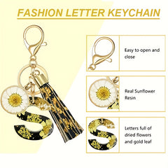 Sunflower Pattern Resin Letter Keychain with Tassel
