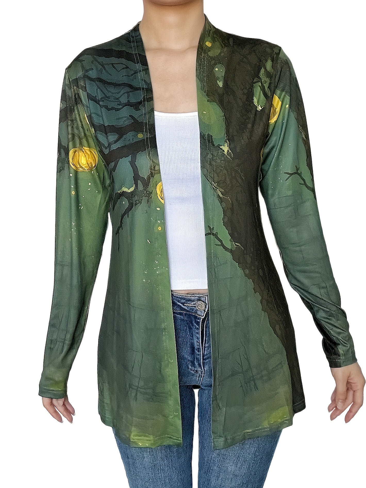  Casual Painting Print Open Front Cardigan