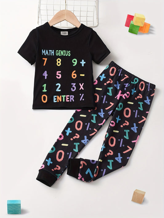Boys 2pcs Math Number Print Top & Pants Pajamas Set