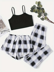 Plaid Print Pajama Set Cami Top & Bow Shorts Women's Sleepwear
