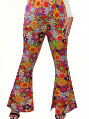Floral Print Flared Leg Plus Size Pants Medium Stretch Trousers