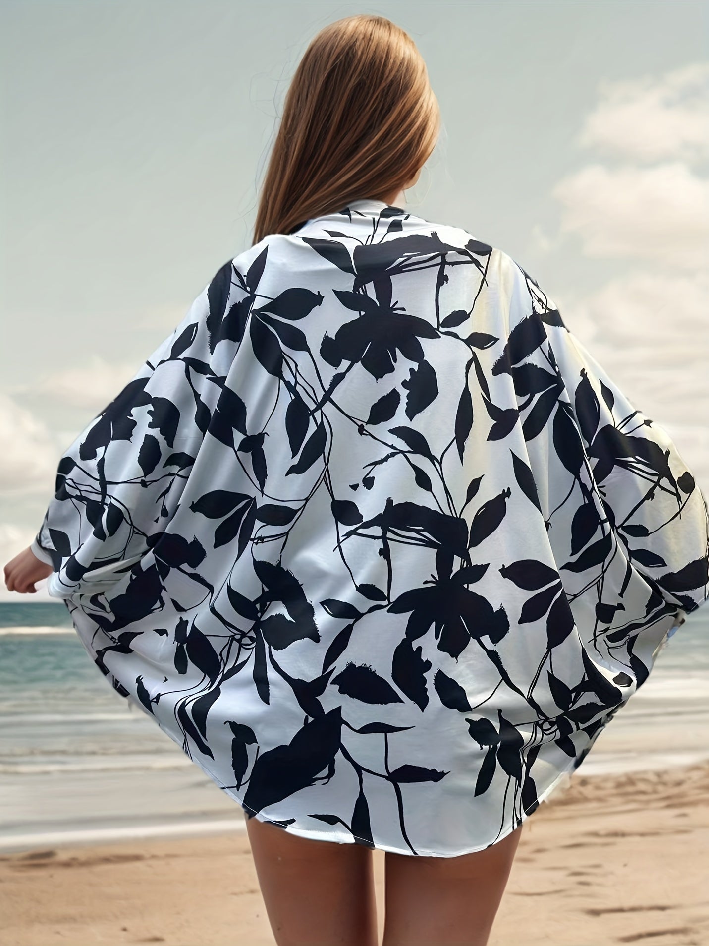  Leaf Print Long Sleeve Open Front Cardigan