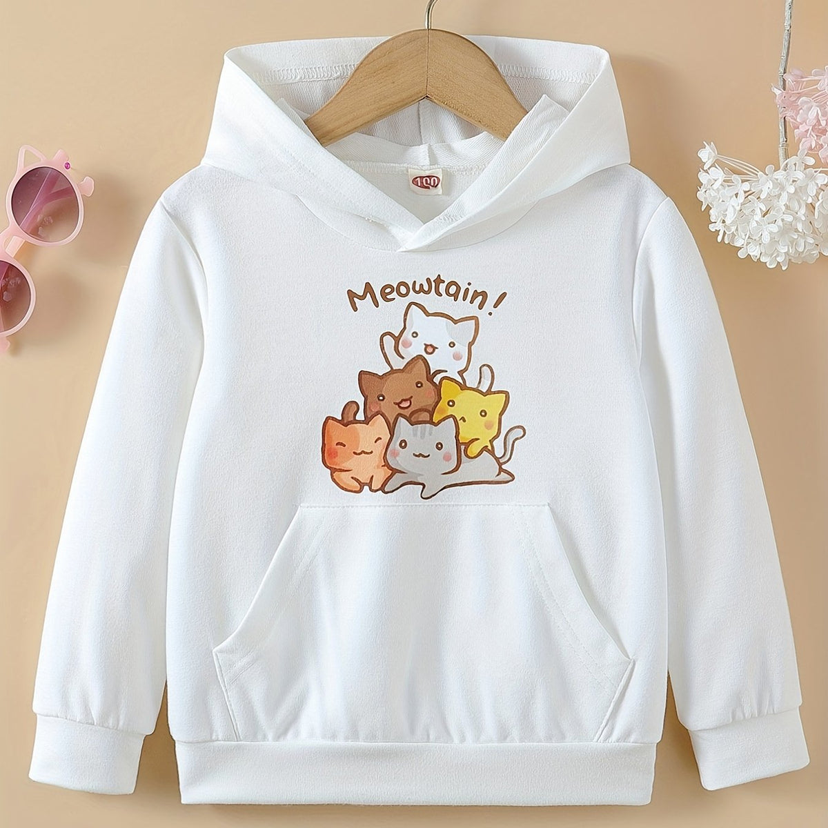 Girls Cat Print Hooded Pullover Sweatshirt