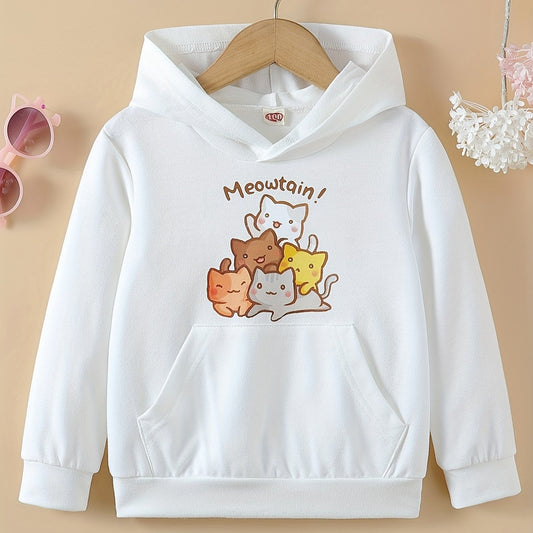 Girls Cat Print Hooded Pullover Sweatshirt