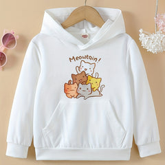 Girls Cat Print Hooded Pullover Sweatshirt