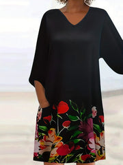 Floral Print V Neck Dress With Pockets