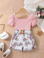 Girls Puff Sleeve Top & Stripes Flowers Shorts Set - Kids Summer Clothes
