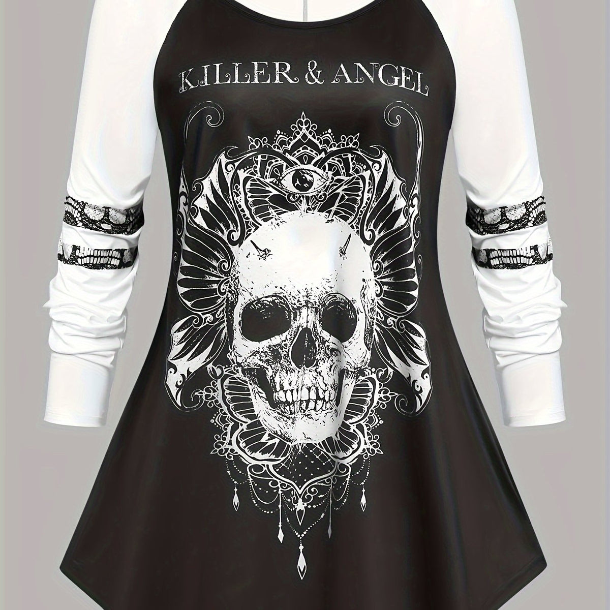 Plus Size Gothic Dress Skull & Letter Print Lace Tie Back A line Mini Dress