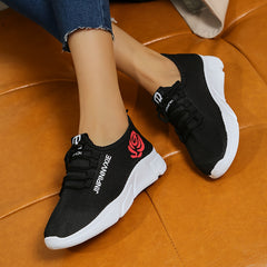 Women's Rose & Letter Mesh Running Shoes Lace up Sneakers