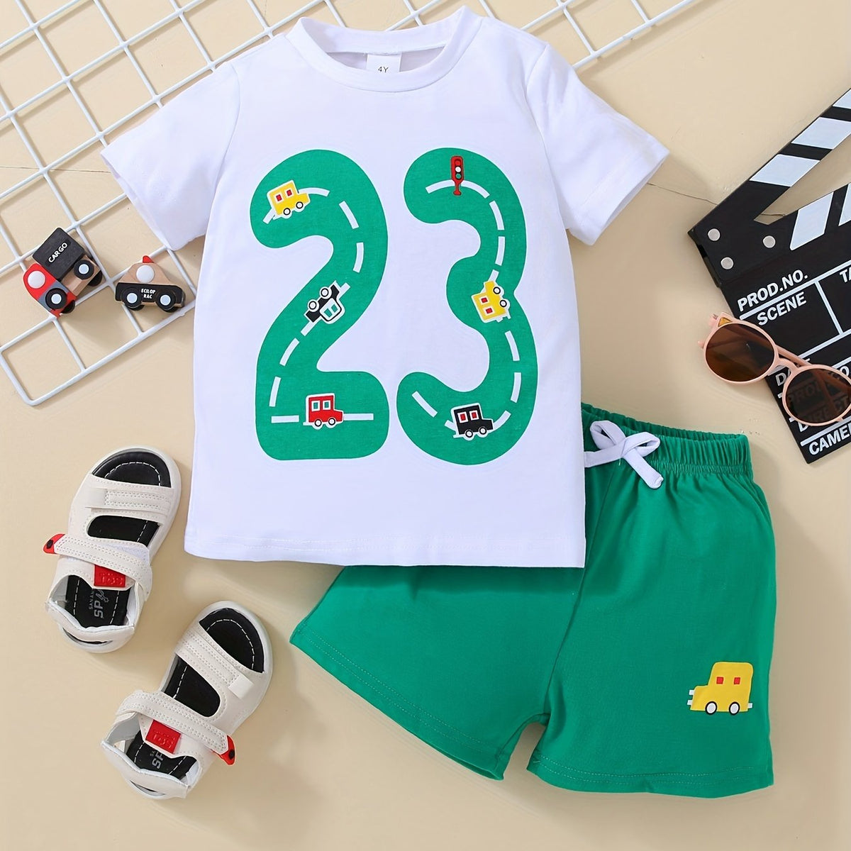 Boys Number 23 & Cartoon Cars Outfit Short Sleeves T-shirt & Shorts