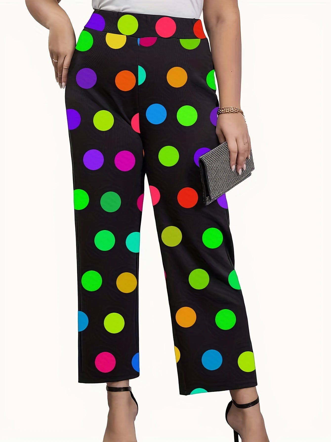 Colorful Dot Print High Rise Wide Leg Plus Size Casual Pants