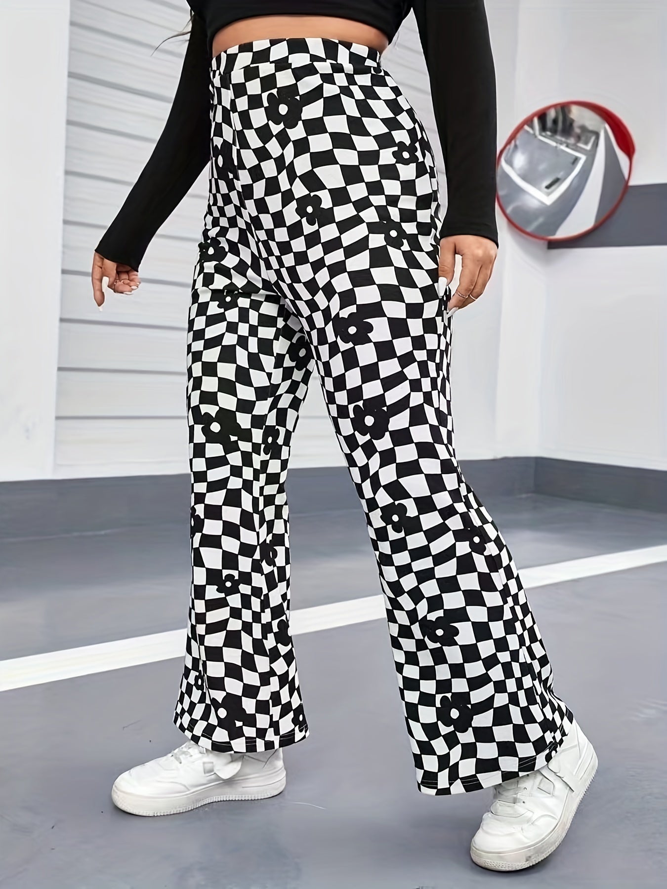 Floral & Checkered Print Flared Leg High Rise Pants Plus Size Y2K
