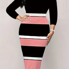 Colorblock Long Sleeve Midi Dress