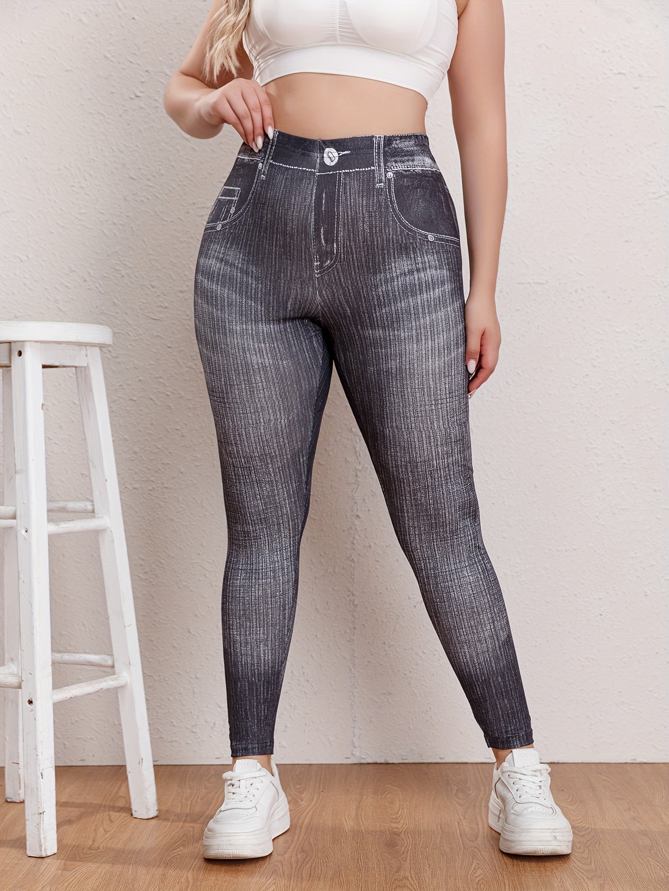  Denim Print High Rise Skinny Trousers