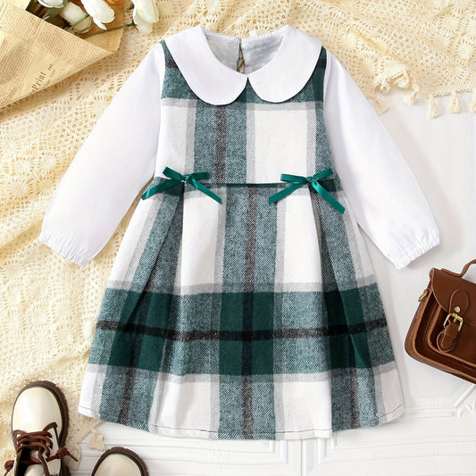 Preppy Plaid Round Collar Long Sleeve Dress For Girls