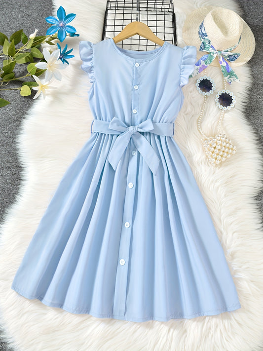 Girls Ruffled Sleeveless Dress with Bow Belt