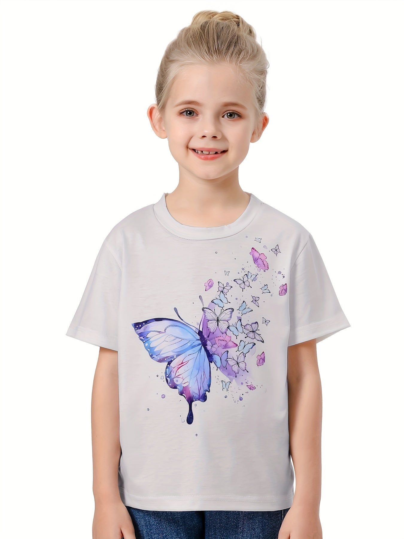 3D Butterfly Graphic Crew Neck Short Sleeve T shirt Girls Casual Pullover Tops
