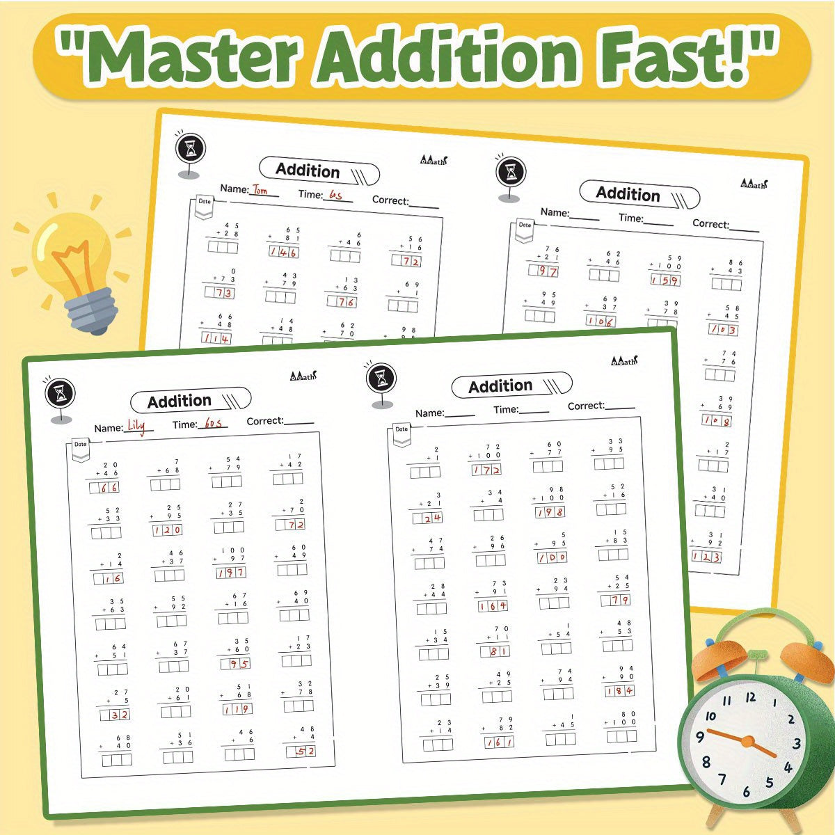 100 Addition Problems Fun Workbook for Kids with Colorful Illustrations