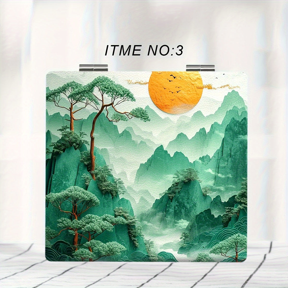 Portable Foldable Handheld Makeup Mirror with Classical Chinese Landscape Art