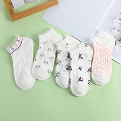 5 Floral Print Ruffle Ankle Socks Women's Stockings