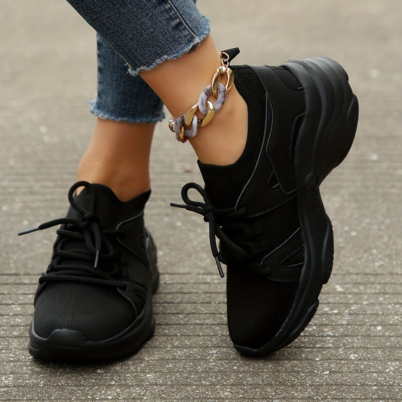 Women's Chunky Sneakers Breathable Knit Lace Up Comfy Walking Shoes