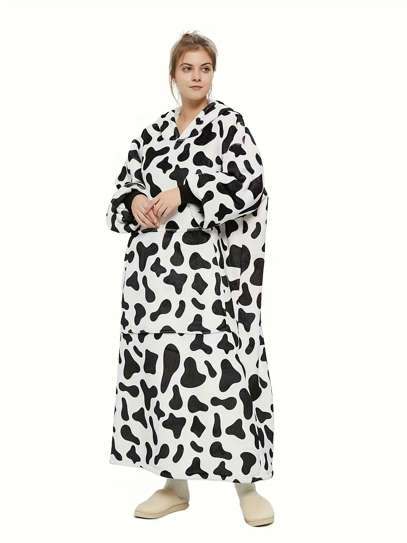 Cow Print Hooded Sherpa Fleece Robe Plus Size