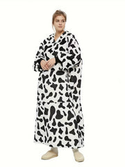 Cow Print Hooded Sherpa Fleece Robe Plus Size