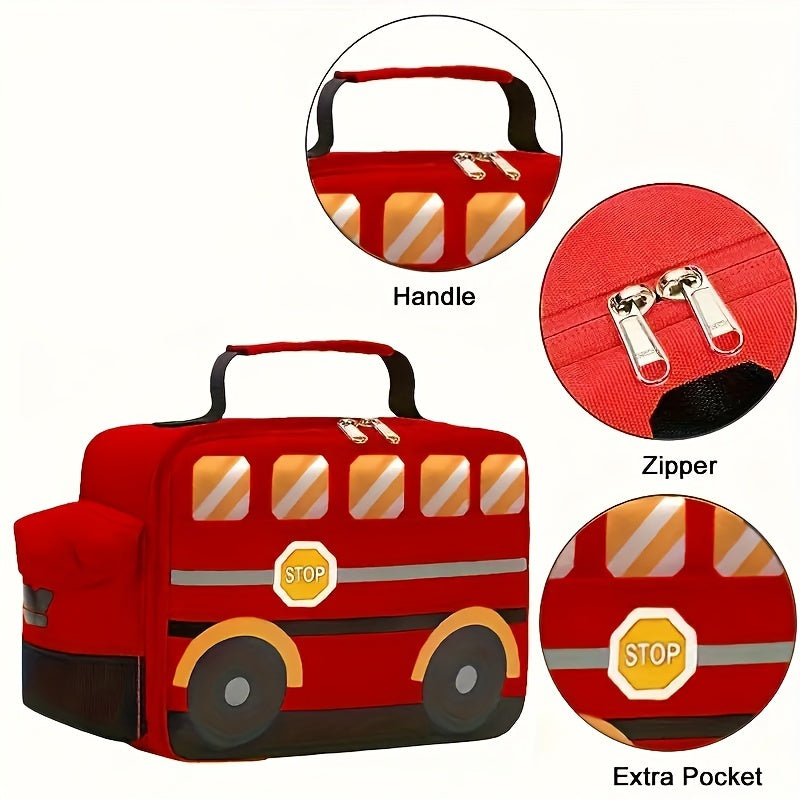 Red School Bus Insulated Lunch Bag Waterproof Polyester Tote