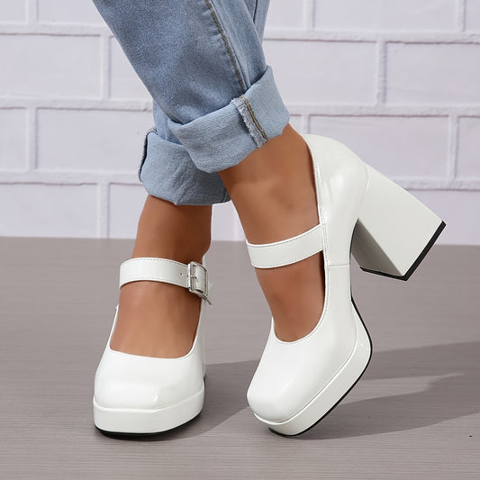 Women's Block Heeled Mary Jane Square Toe High Heels