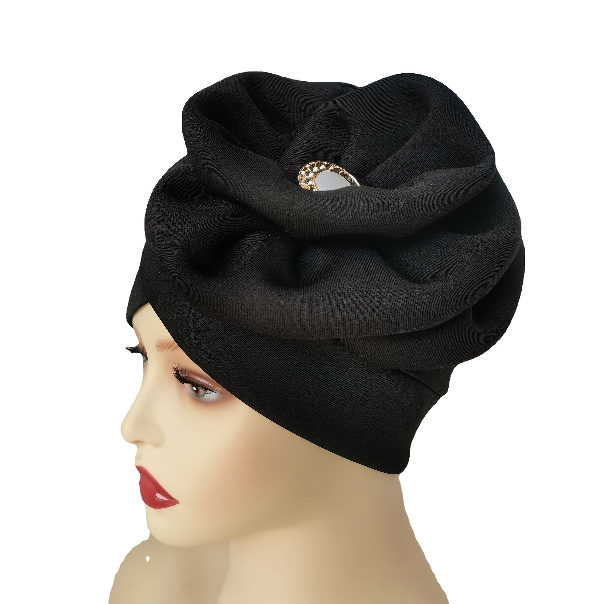 Faux Jade Alloy Turban Cap Flower Layer Wrinkled Hijab Hair Accessories