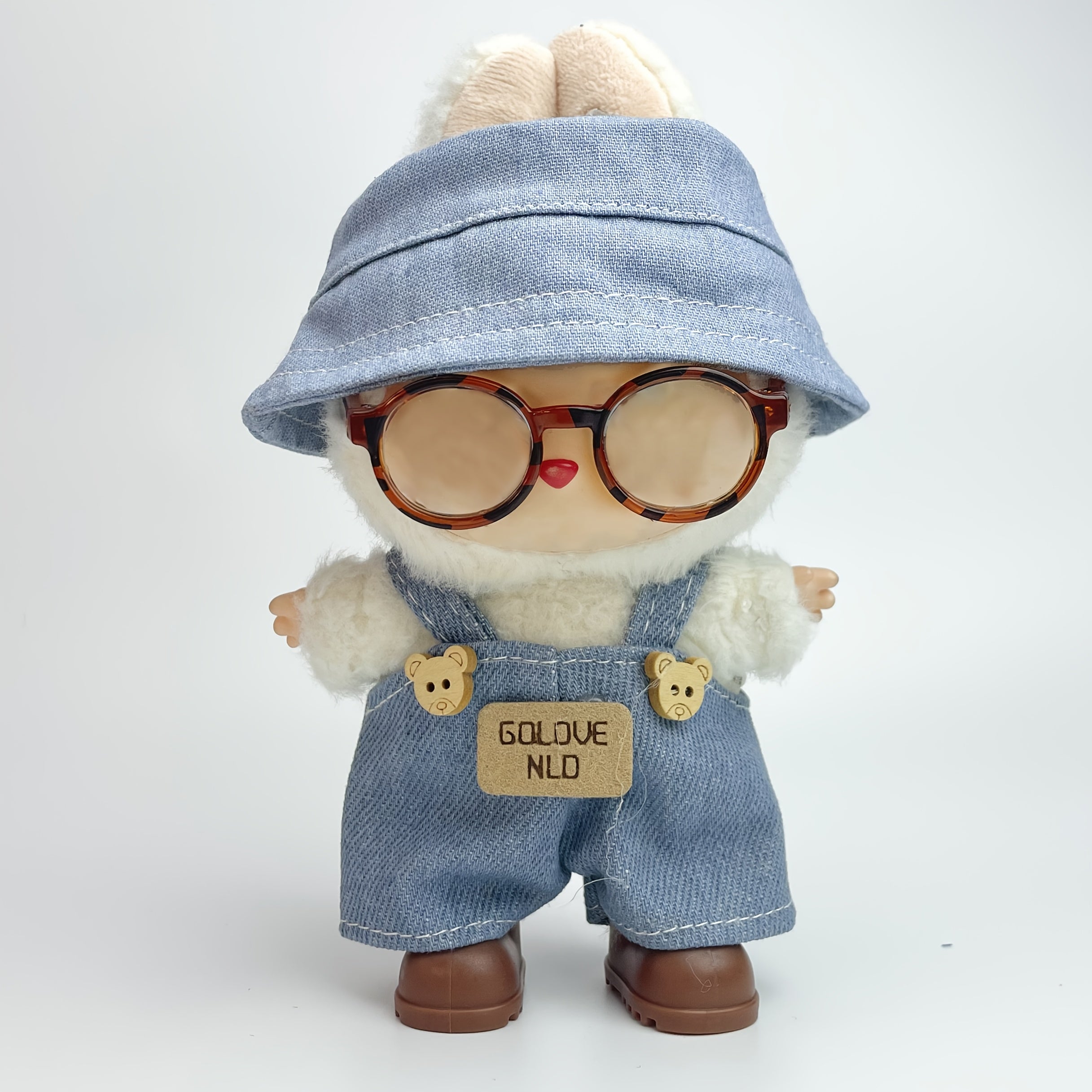 LABUBU Outfit Fisherman Hat Denim Overalls Glasses Shoes