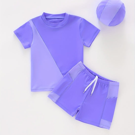 Girl's 3pcs Swimsuit Set T shirt Swim Trunks Cap Beach Vacation Surfing