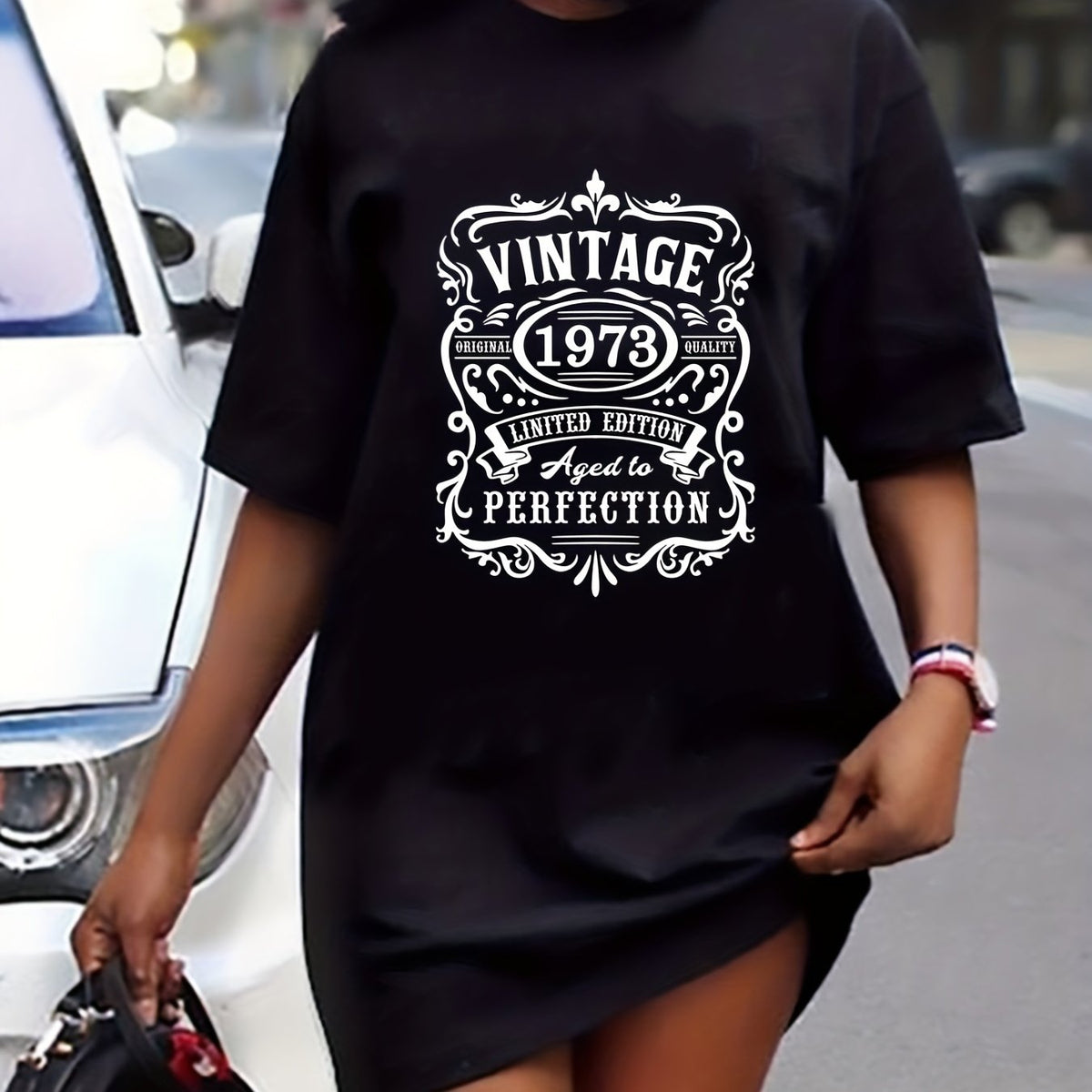  Retro Dress Women's Plus Number & Letter Print Tee Dress