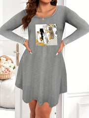  Cat Print Long Sleeve Casual Nightdress